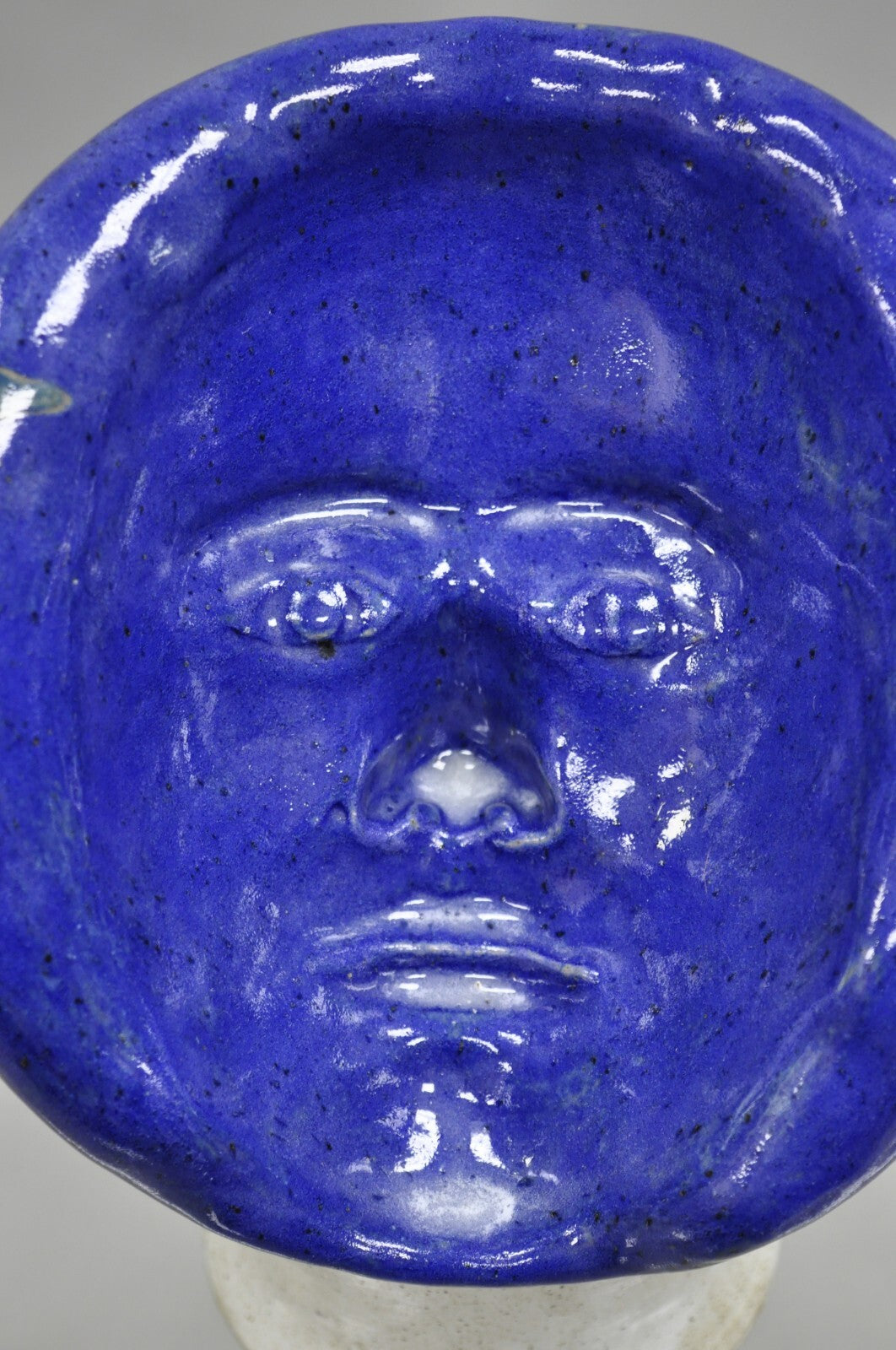 Vintage Mid Century Modern Blue Glaze Ceramic Pottery World Globe Face Sculpture