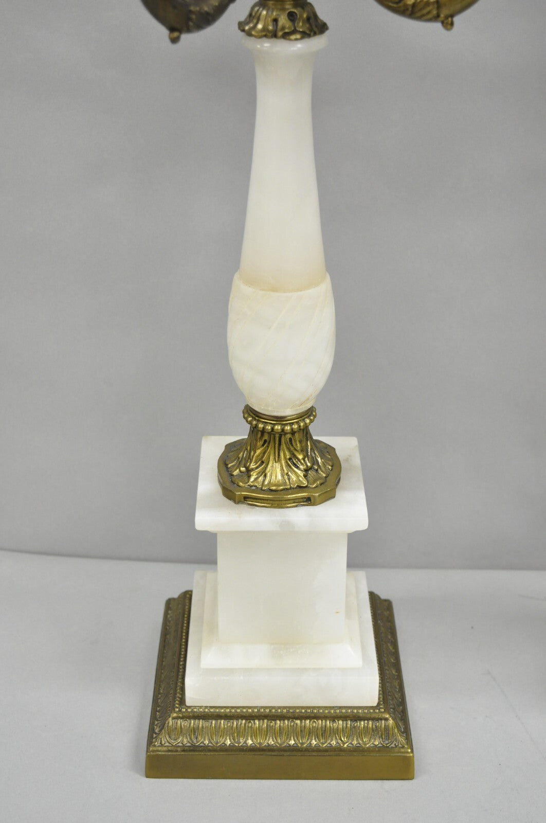 Vintage French Empire Alabaster Column Brass Metal Candelabra Table Lamps - Pair