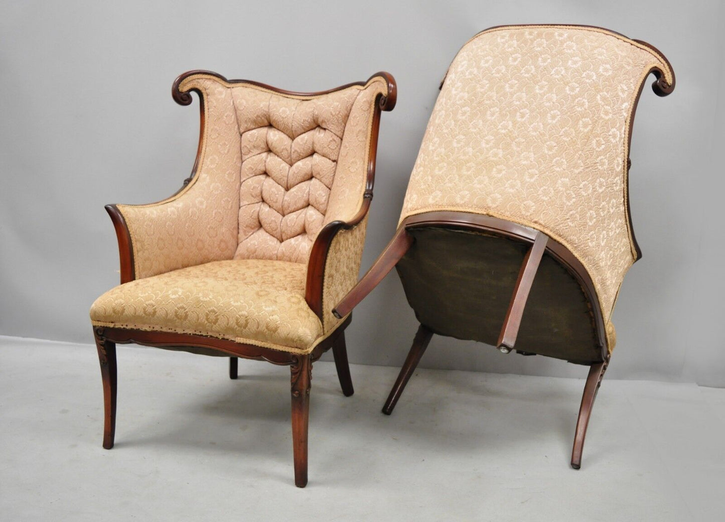 Vintage French Hollywood Regency Art Deco Style Mahogany Arm Chairs - a Pair