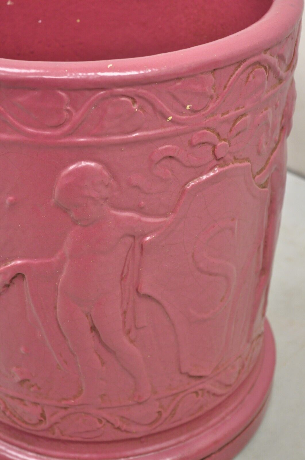 Antique Purple Glazed Stoneware Pottery Italian Classical Putti Shield Planter