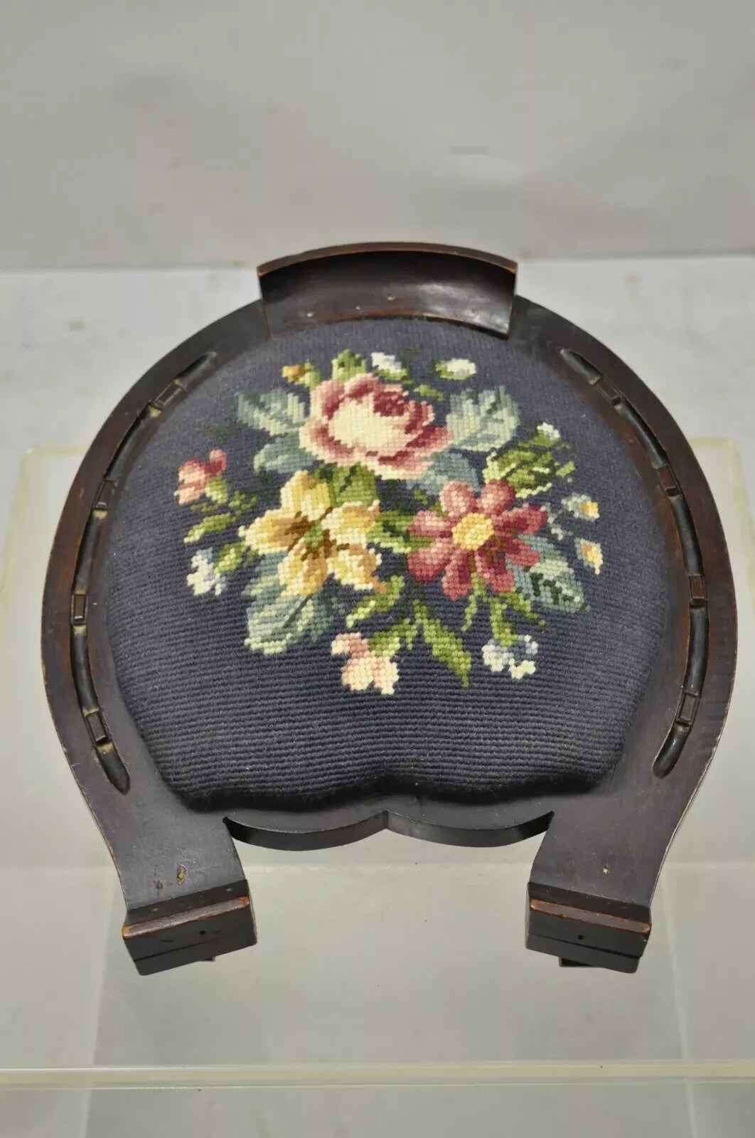 Antique Victorian Mahogany Horseshoe Needlepoint Gout Stool Footstool Ottoman