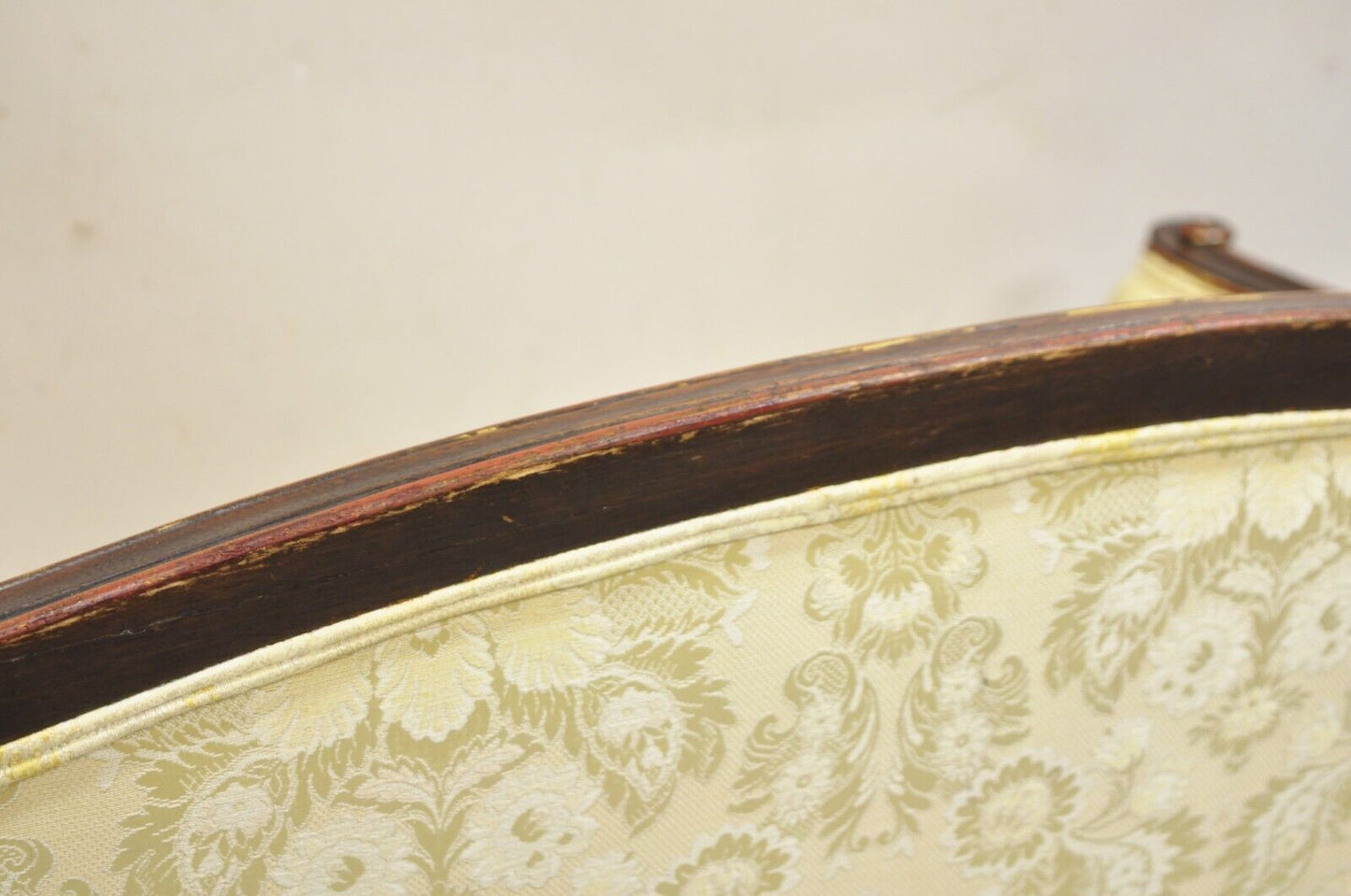 Vintage French Hollywood Regency Barrel Back Upholstered Loveseat Settee Sofa
