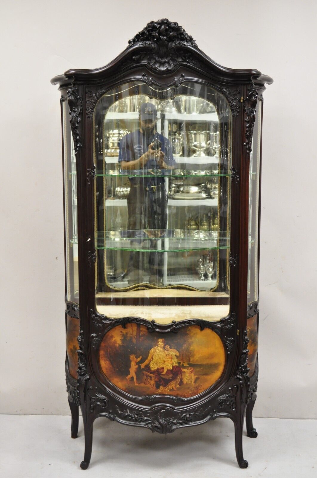 French Louis XV Mahogany Hand Painted Curved Glass Vernis Martin Curio Cabinet