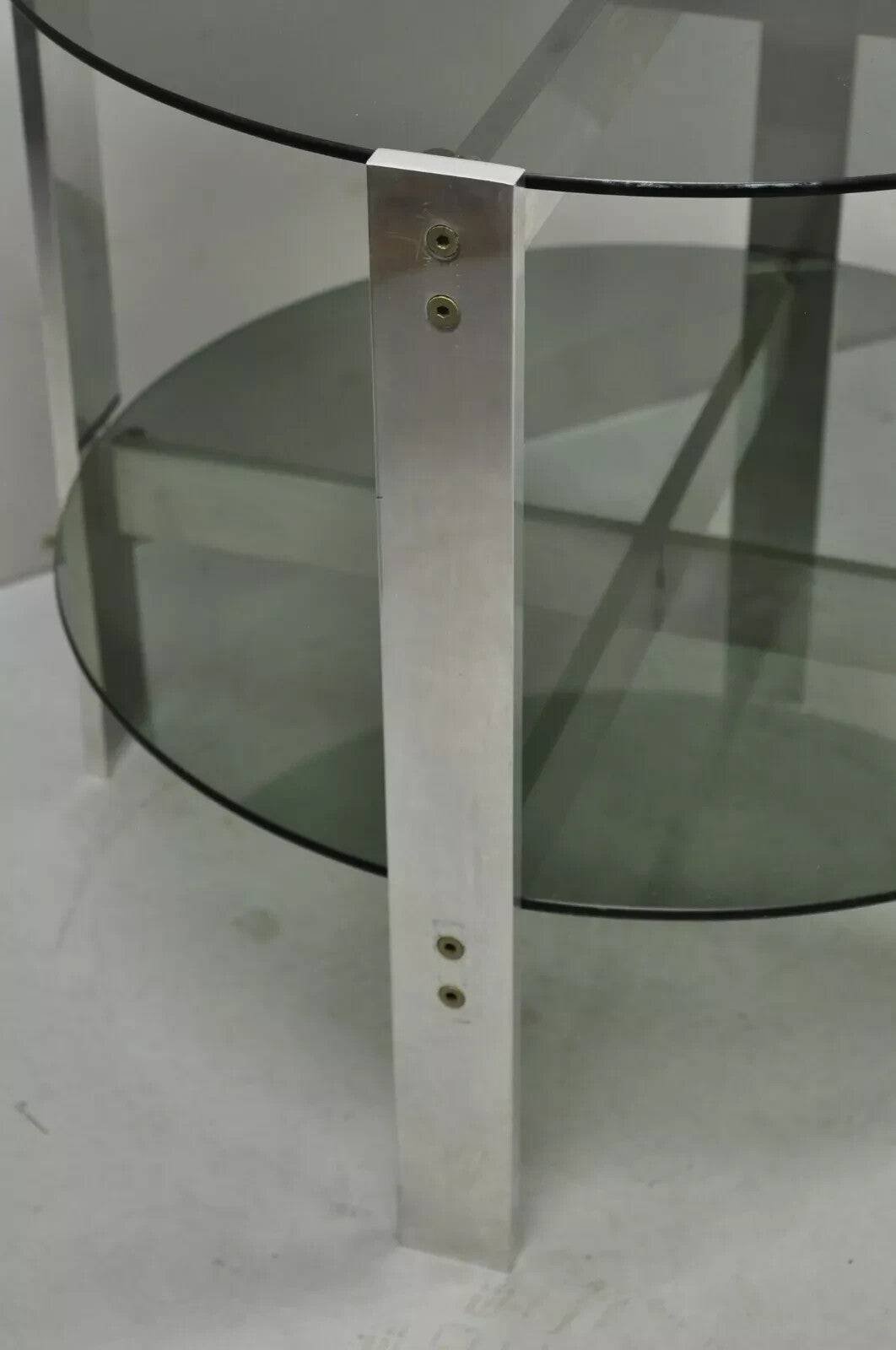 Vintage Mid Century Modern Round Smoked Glass 2 Tier Aluminum Base Side Table