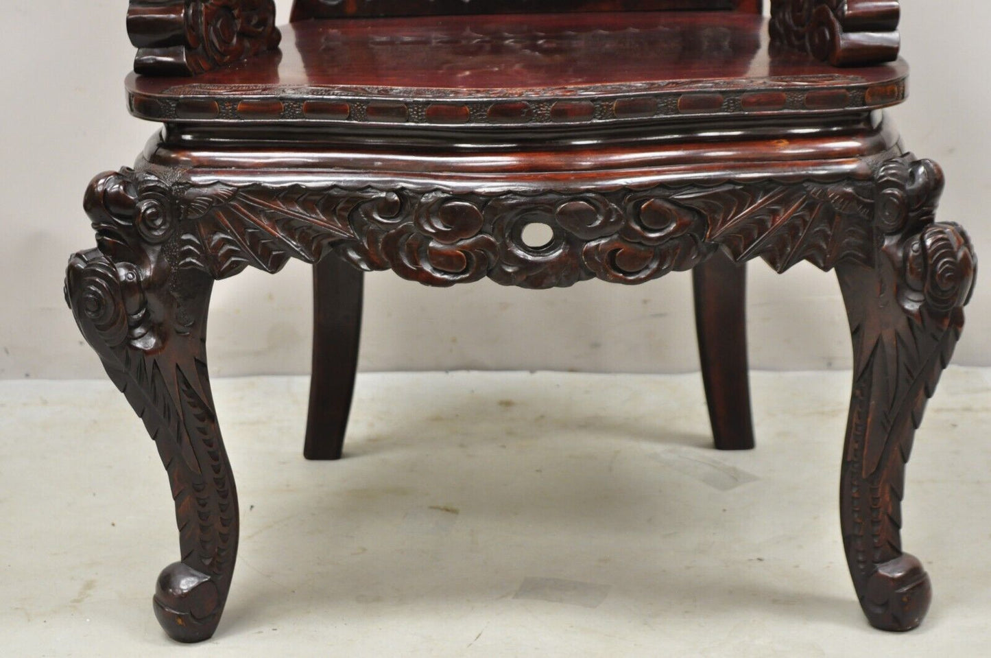 Antique Japanese Export Carved Hardwood Foo Dog Throne Arm Chair