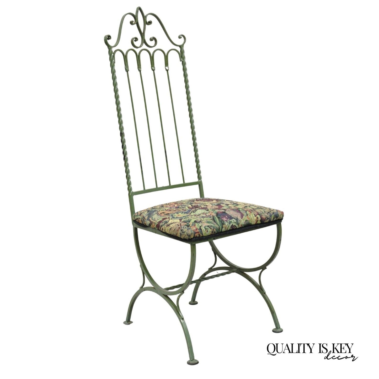 Vintage Gothic Hollywood Regency Style Green Wrought Iron Dining Chair Single