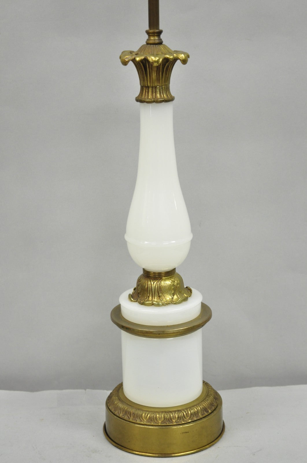 Vintage French Neoclassical Style White Opaline Glass Column Brass Table Lamp