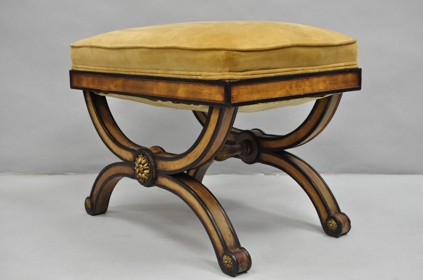 Vintage Italian Regency Style Curule Carved Walnut Upholstered X-Bench Stool