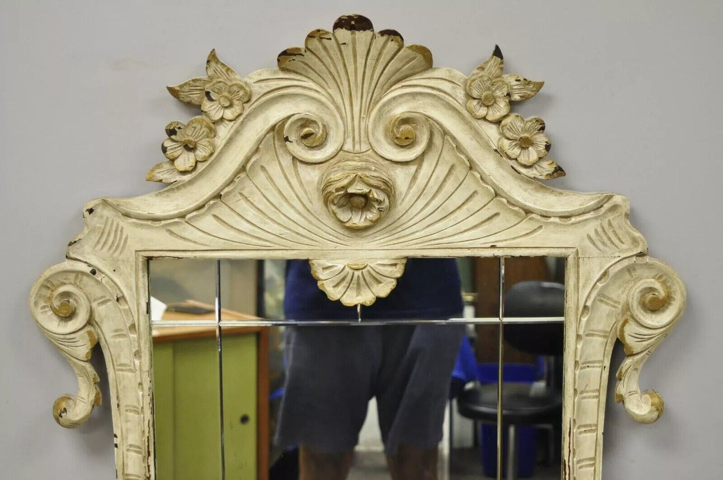 Antique Victorian White Shabby Distress Painted Chic Rose Carved Wall Mirror
