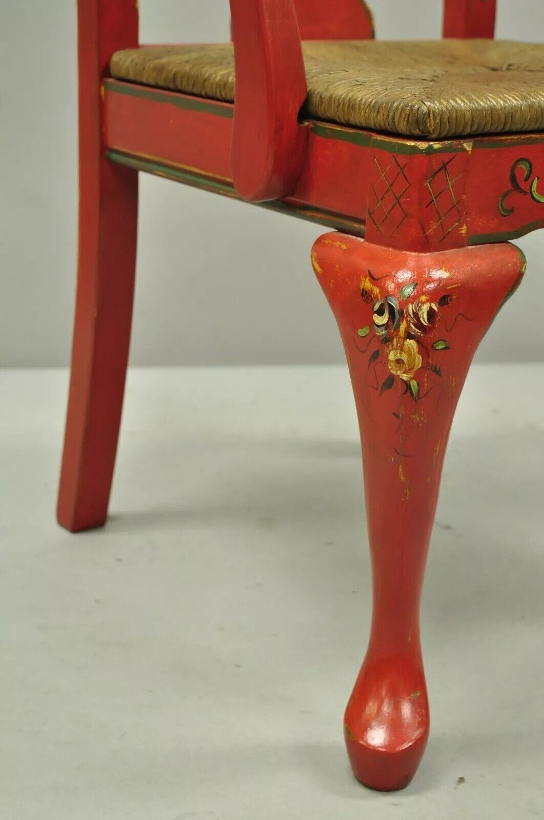 Vintage Queen Anne Style Green and Red Painted Rush Seat Arm Chairs - a Pair