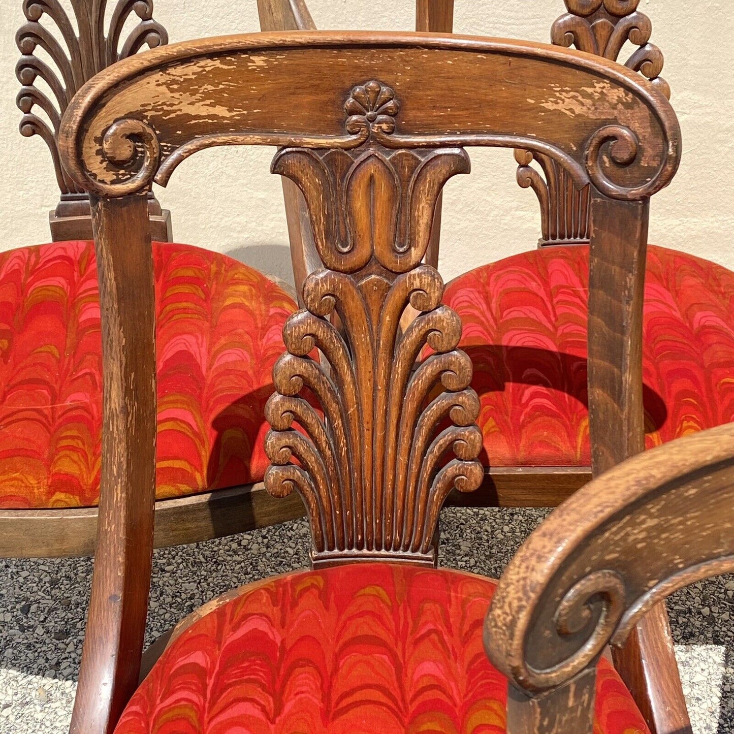 Vintage Regency Style Plume Carved Walnut Saber Leg Dining Chairs - Set of 6