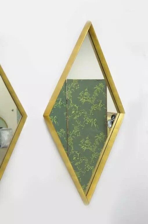 Hollywood Regency Diamond Shaped Deep Wood Frame Gold Leaf Wall Mirrors - Pair