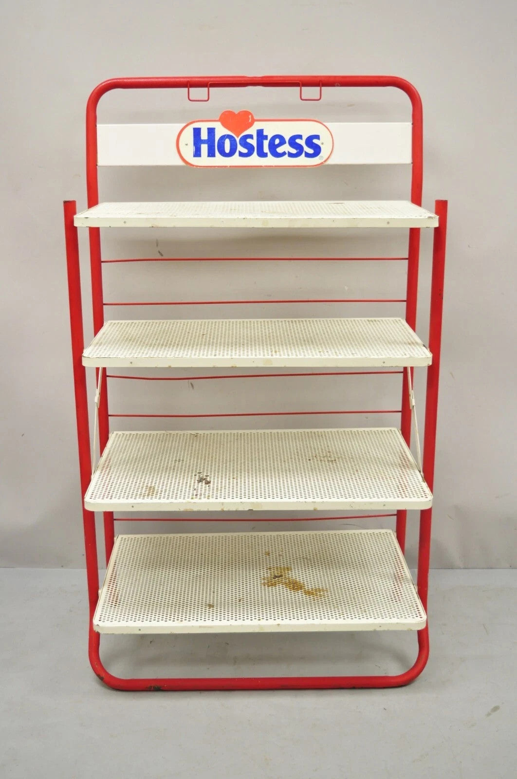 Vintage Hostess Red Metal Perforated 4 Shelf Folding Display Shelf Stand