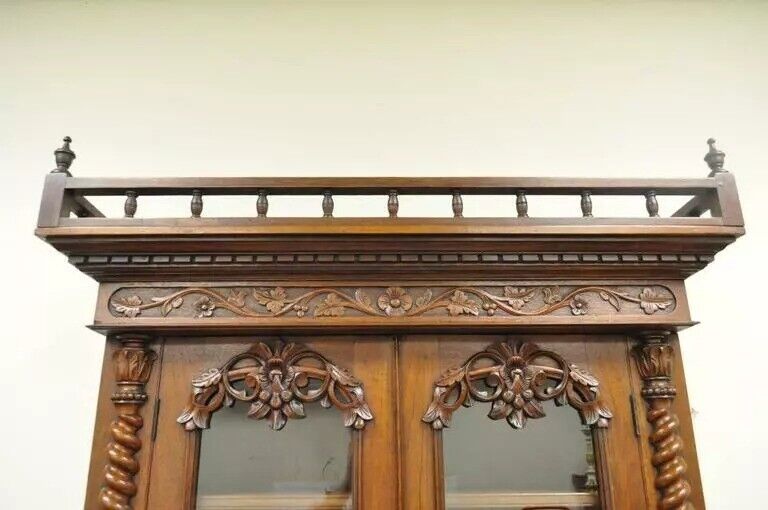 19th C. French Renaissance Carved Walnut Marble Top Bookcase Buffet Cabinet