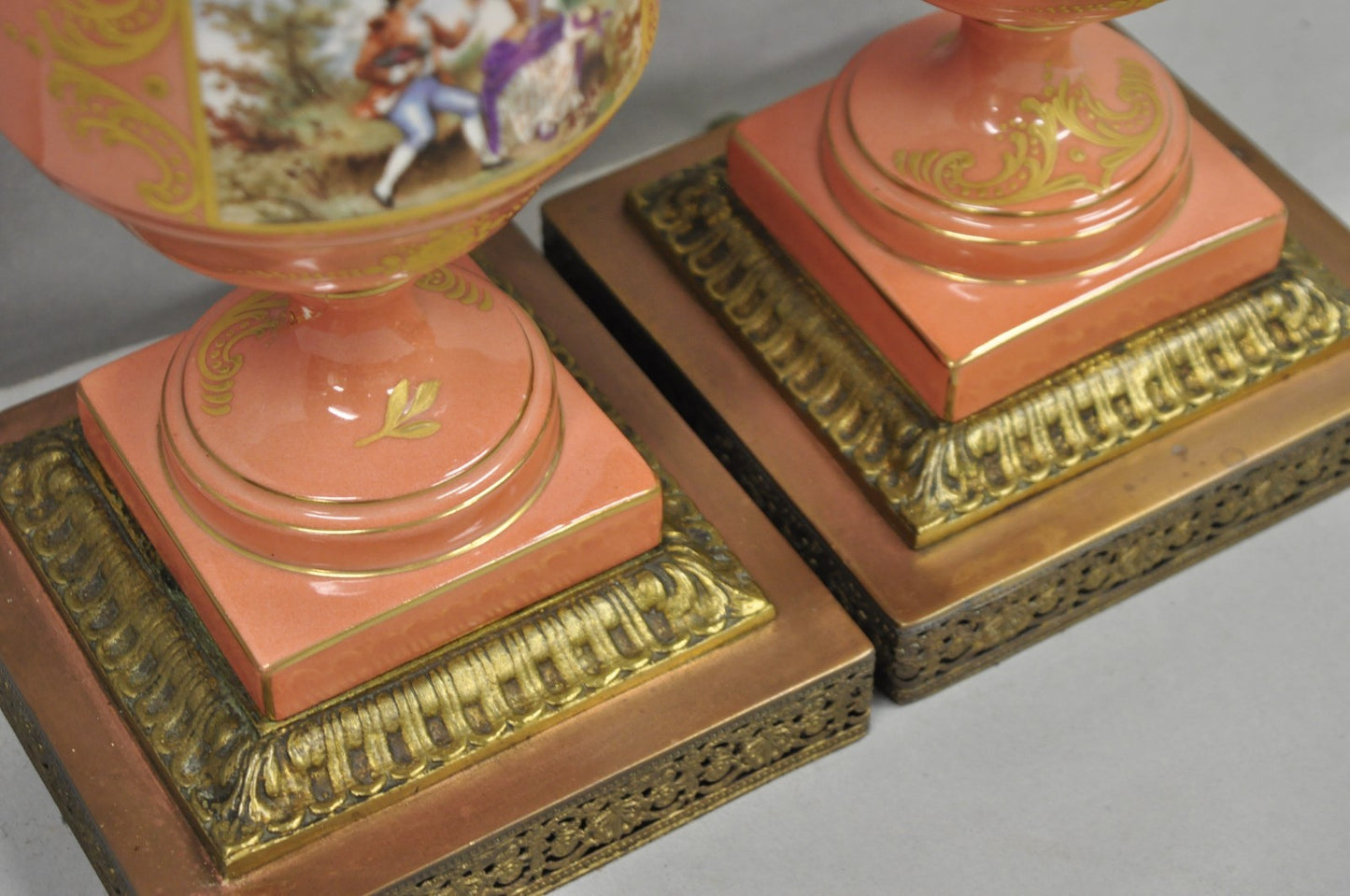 Antique French Victorian Paris Porcelain Coral Figural Painted Table Lamps, Pair