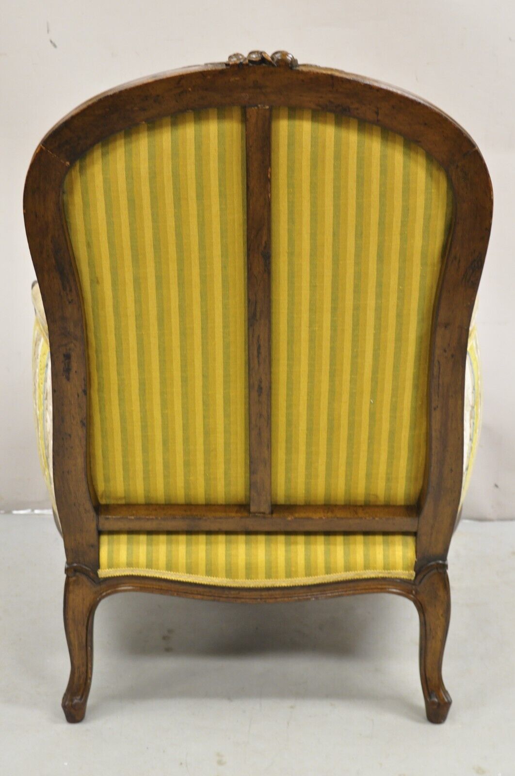 Vintage French Louis XV Style Carved Walnut Upholstered Bergere Lounge Arm Chair