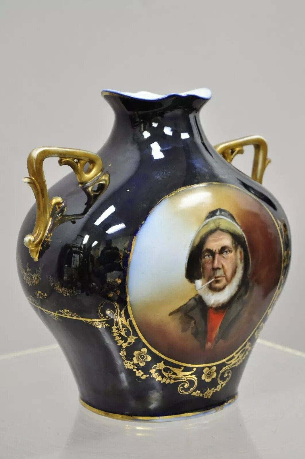 Antique German Blue Twin Handled Portrait Vase of Sailor Man Smoking Pipe