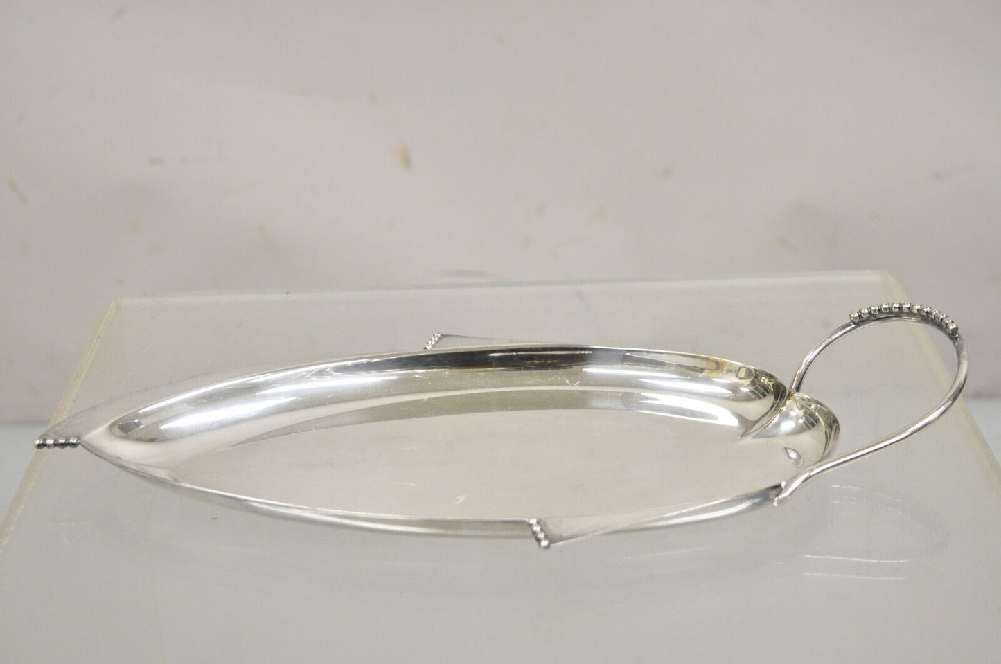 Vintage Mid Century Danish Modern Silver Plated Leaf Form Beaded Platter Tray