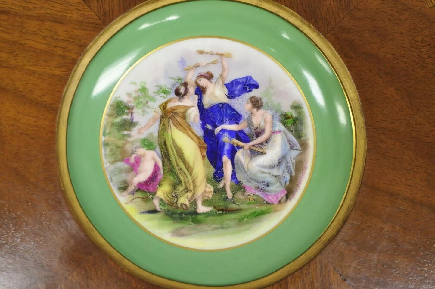 Antique French Louis XV Walnut Coffee Table w/ Angelica Kauffman Porcelain Dish