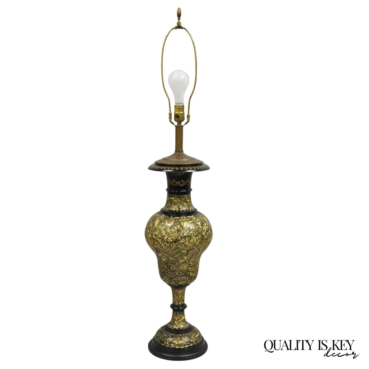 Vintage Syrian Anglo Indian Ornate Floral Etched Brass Tall Table Lamp