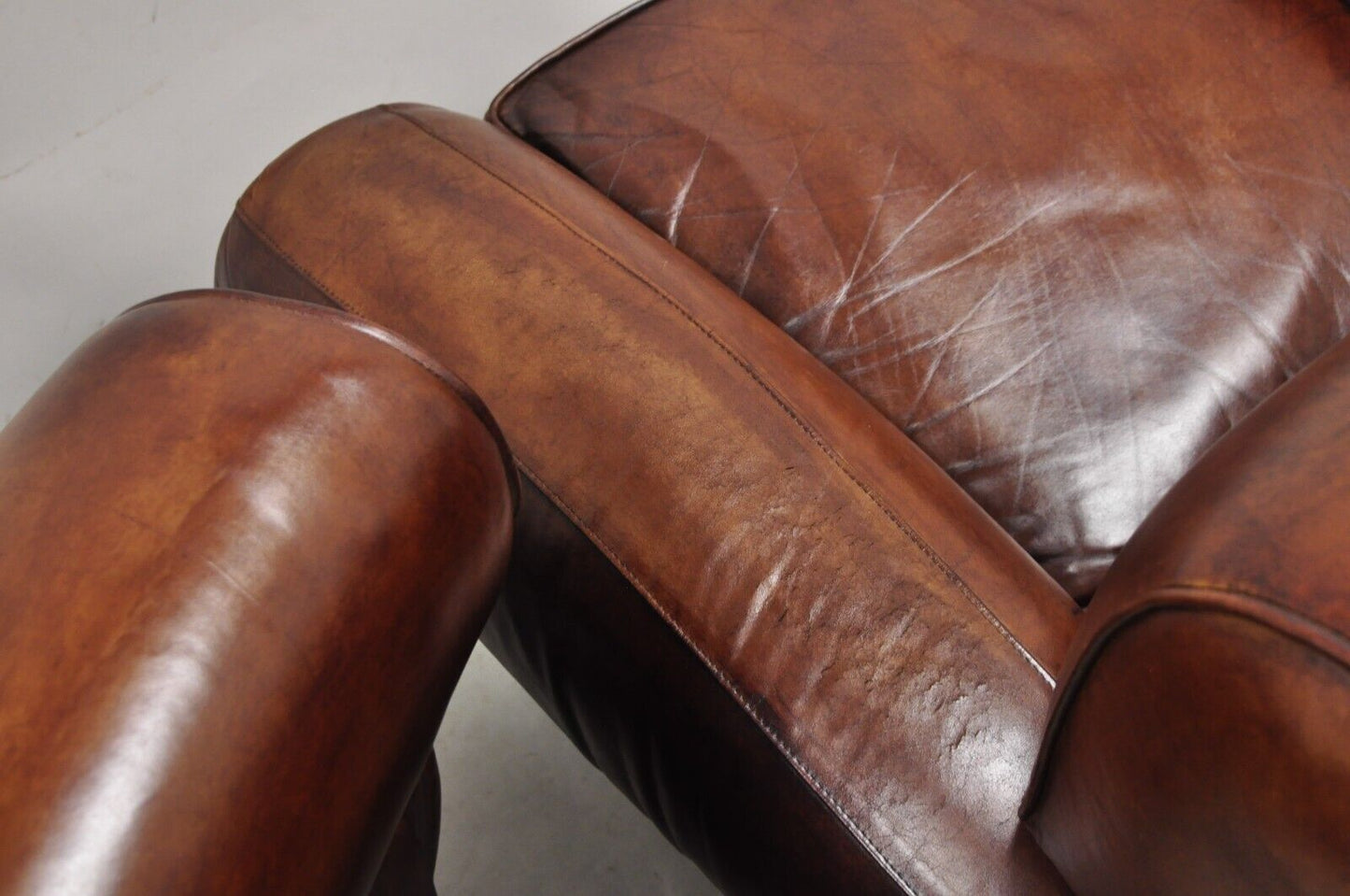Pottery Barn Manhattan Brown Leather Recliner Art Deco Club Chairs - a Pair