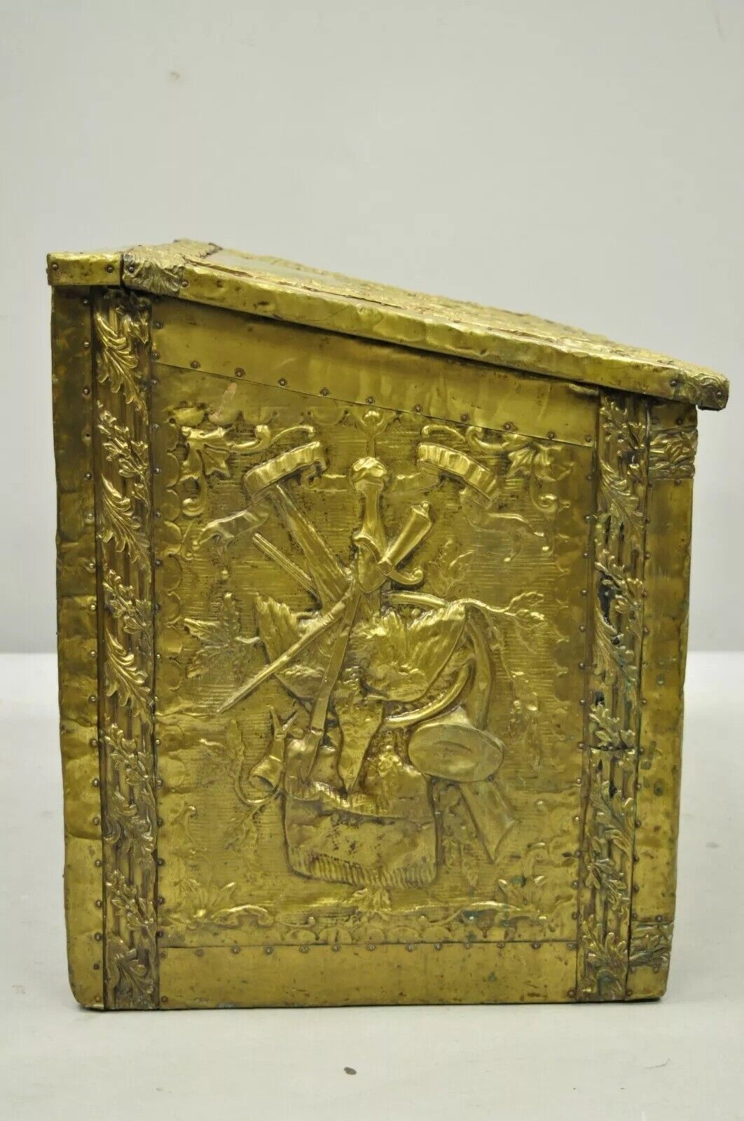Antique Victorian Embossed Brass Fireplace Log Box Coal Box with Country Scenes