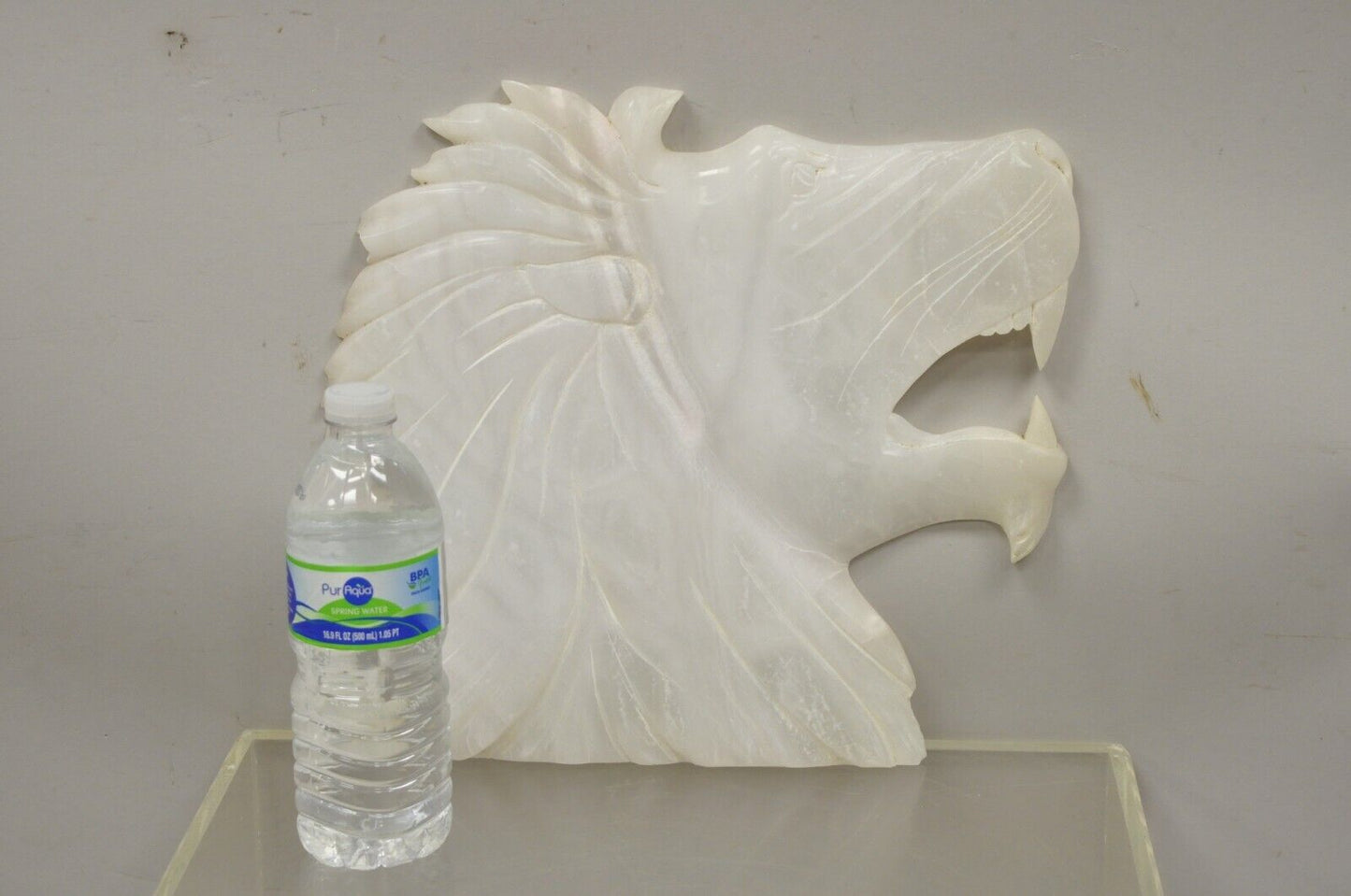 Vintage Italian Carved White Alabaster Lion Head Sculpture Statue Figure (B)