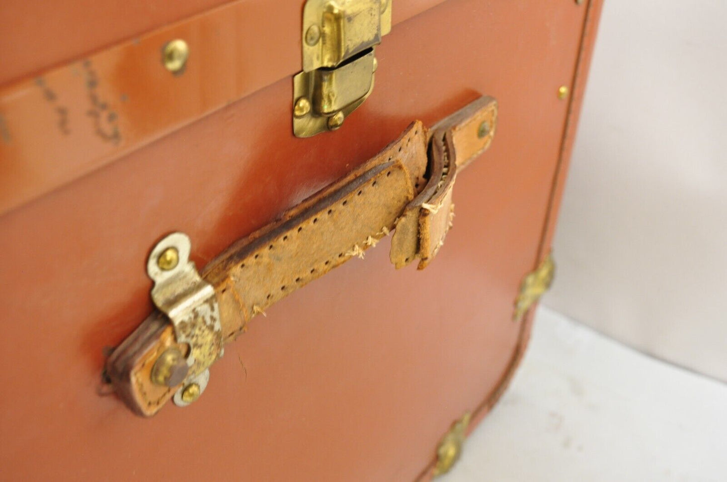 Antique Wooden Band Large Steamer Trunk Orange Ship Trunk Cunard Line Decals
