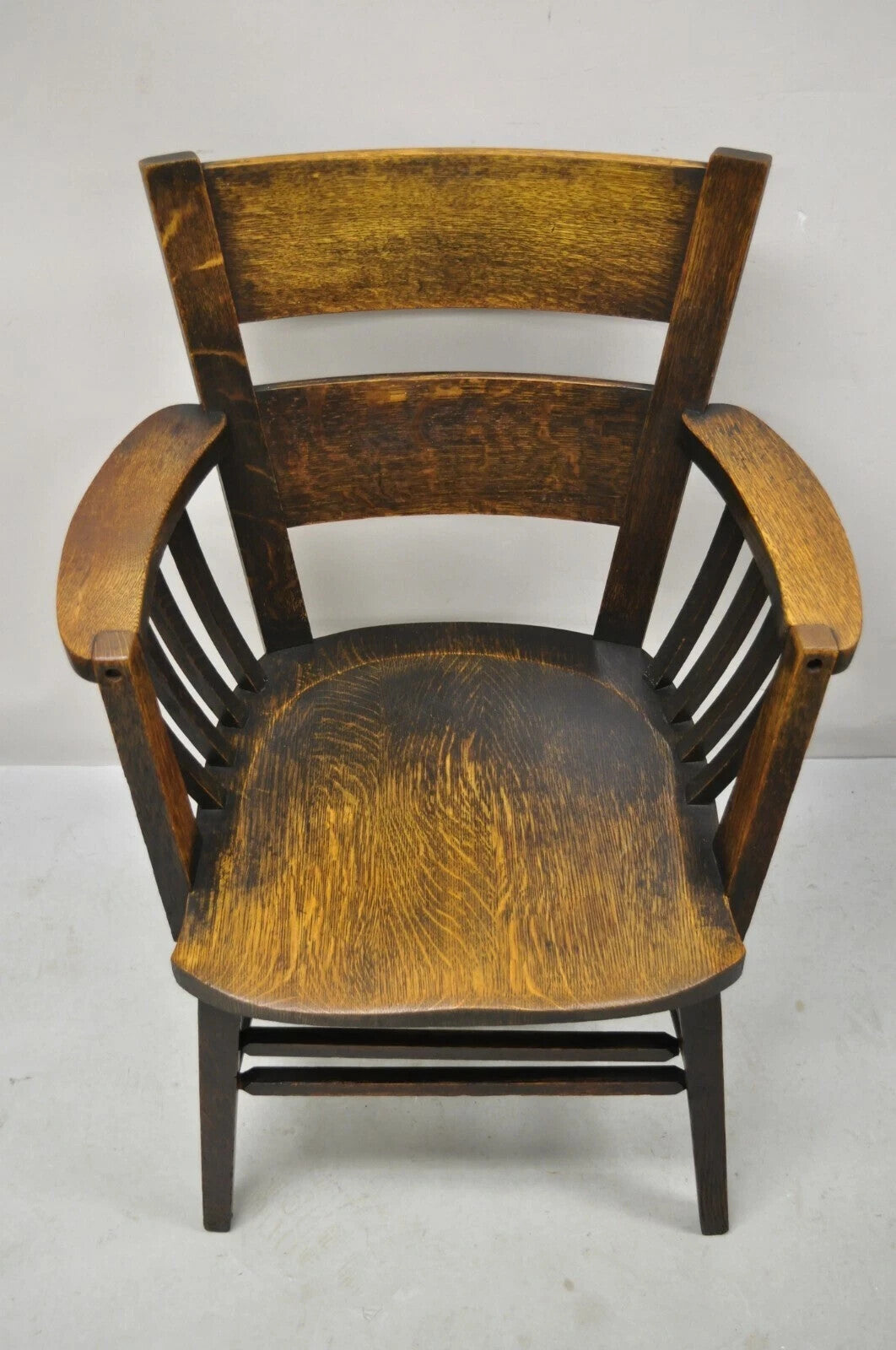 Antique Arts & Crafts Mission Oak Bowed Spindle Plank Seat School Arm Chair