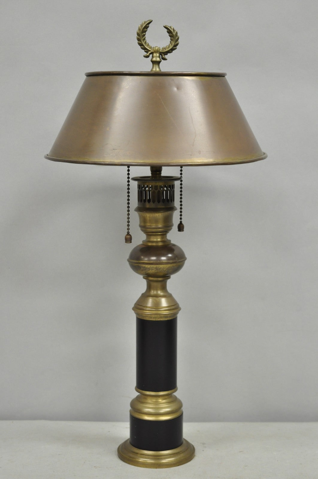 Vintage French Empire Burnished Brass Small Bouillotte Black Column Table Lamp