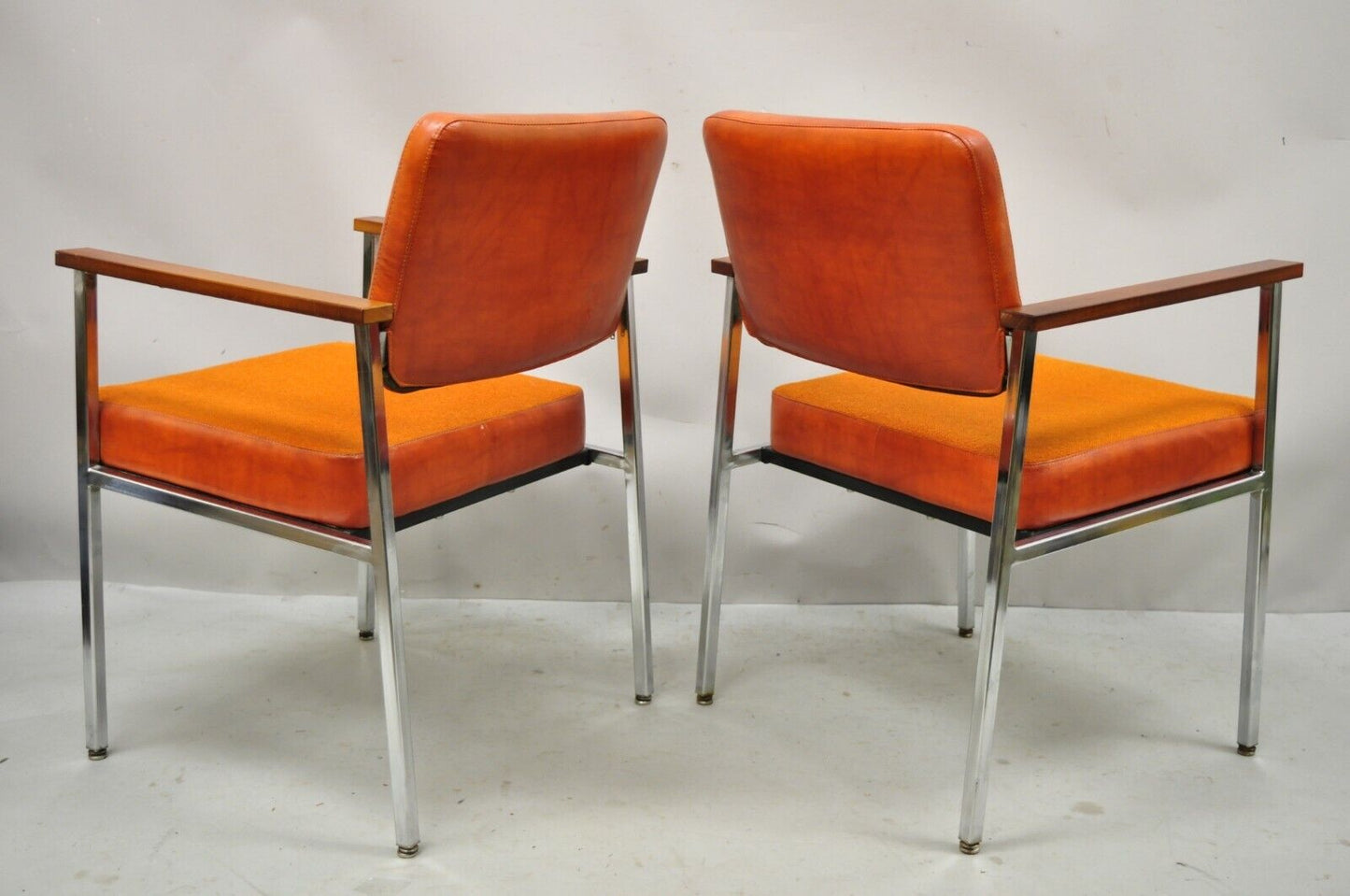 Mid Century Modern Orange Naugahyde Chrome Frame Lounge Arm Chairs by Malibu Ind