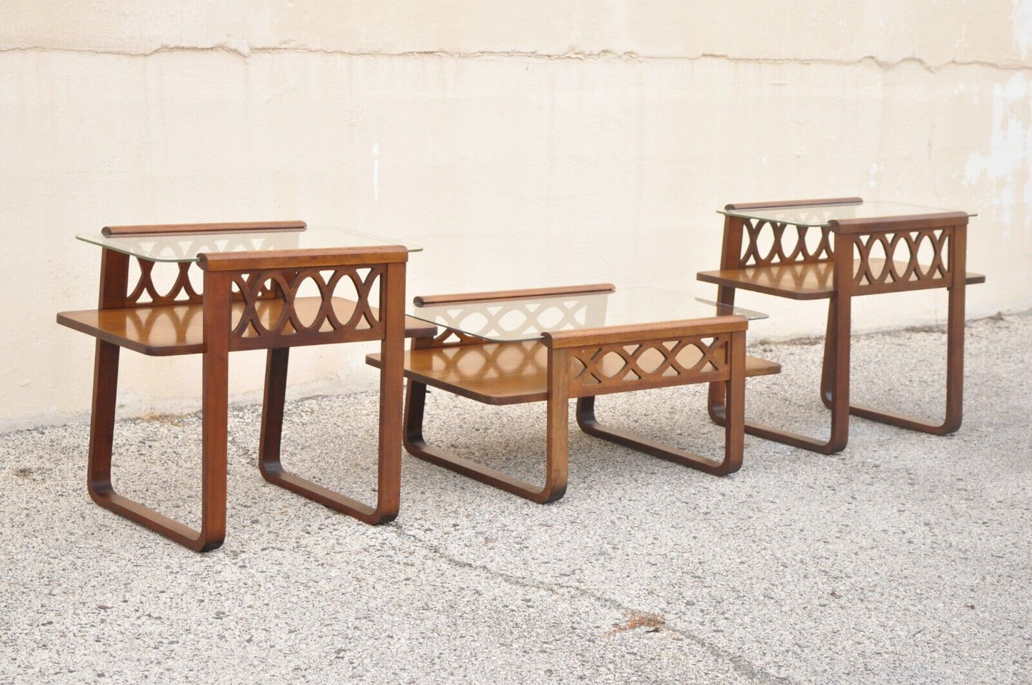 Vintage Art Deco Mid Century Mahogany & Glass Coffee Table Set by Superior 3 Pc