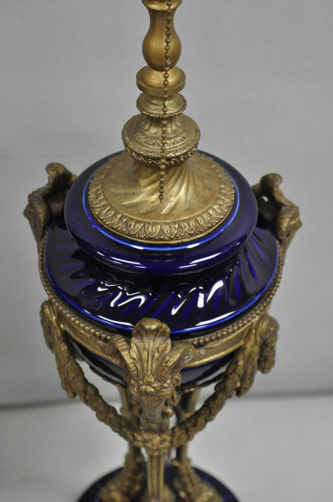French Empire Neoclassical Bronze Ram Head Cobalt Blue Porcelain Table Lamp Pair