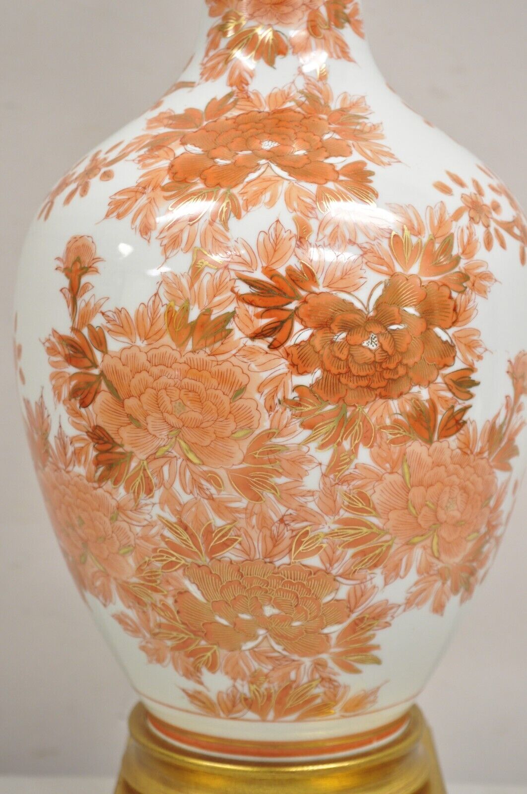 Vintage Marbro Chinoiserie Porcelain Vase Orange Floral Asian Table Lamp Pair