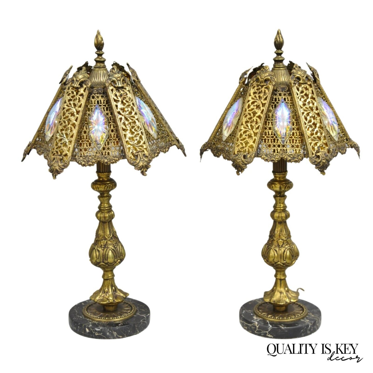 Vintage Hollywood Regency Loevsky & Loevsky Style Small Gold Table Lamps - Pair