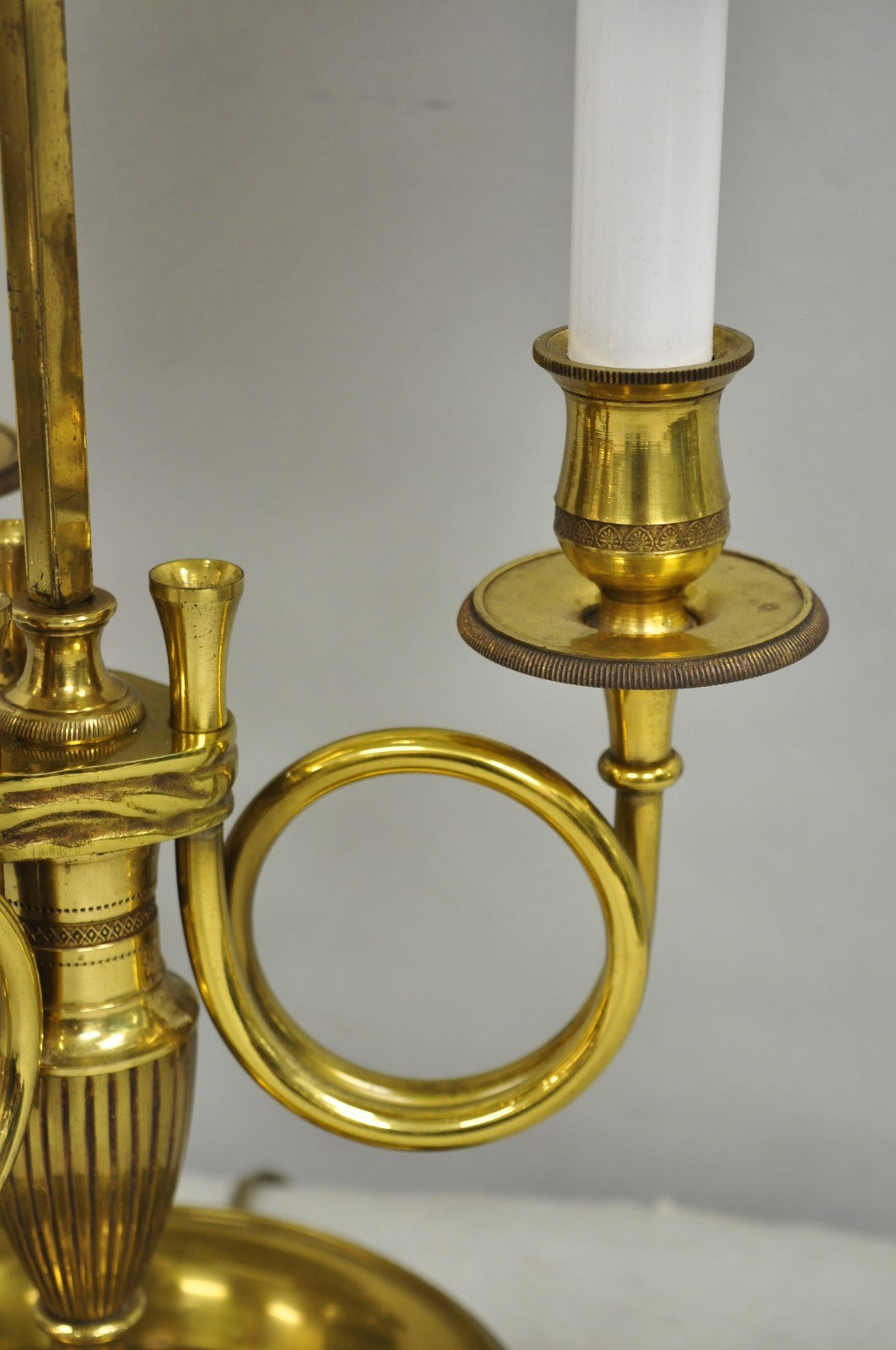 French Country Empire Brass Trumpet Arm Red Tole Shade Bouillotte Desk Lamp