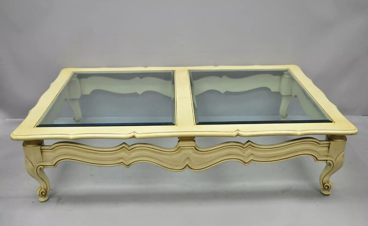 Vintage French Provincial Style Beveled Glass Cream Painted Large Coffee Table