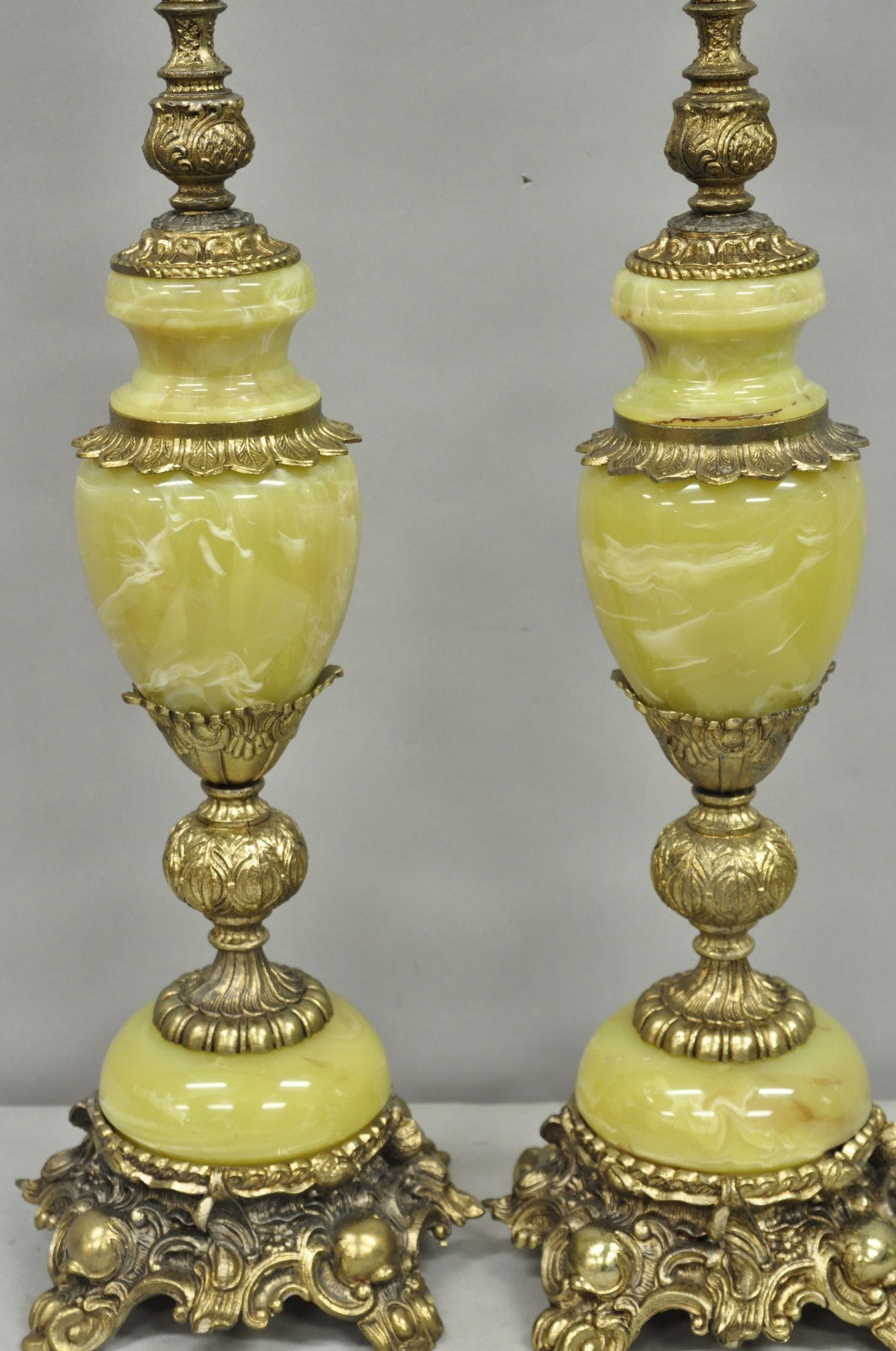 Vintage French Baroque Hollywood Regency Green Onyx Brass Table Lamps - a Pair