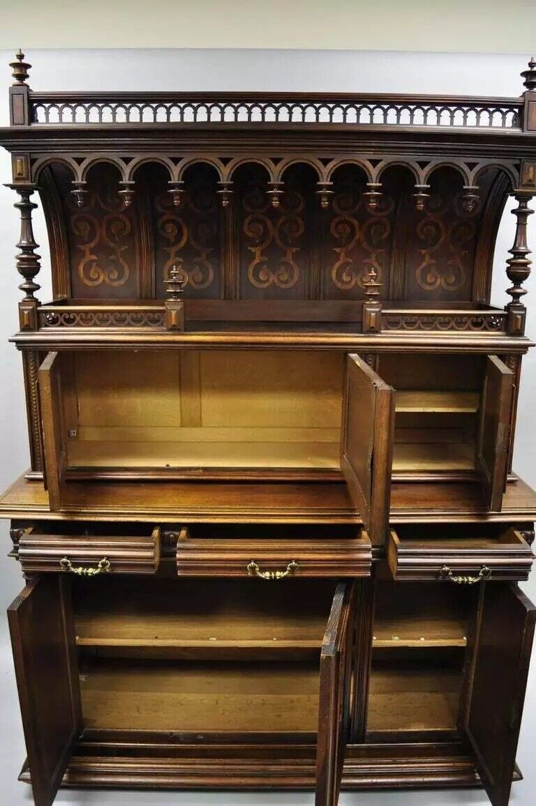 Gothic Renaissance Revival Carved Walnut Dragon Griffin Sideboard Buffet Cabinet