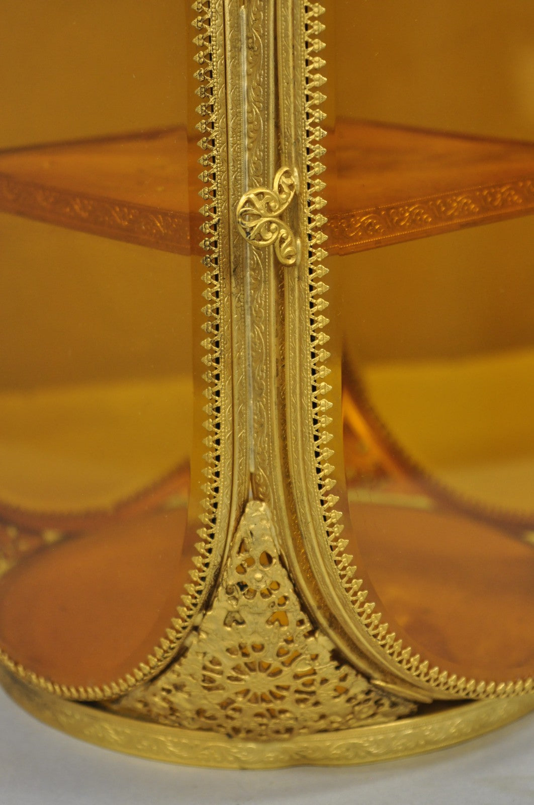 Vintage French Victorian Amber Glass Gold Filigree Vanity Jewelry Box Casket