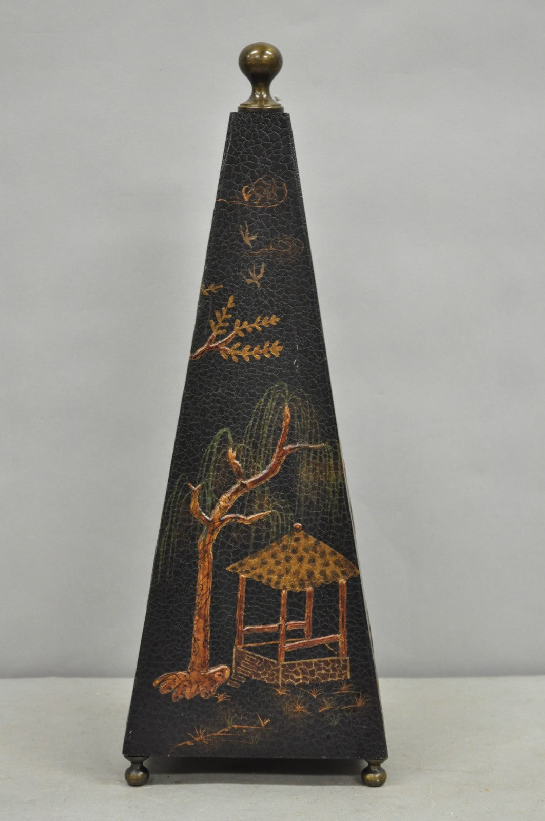 Castillian Imports Chinoiserie Black Lacquer Oriental Painted Obelisk Pyramid