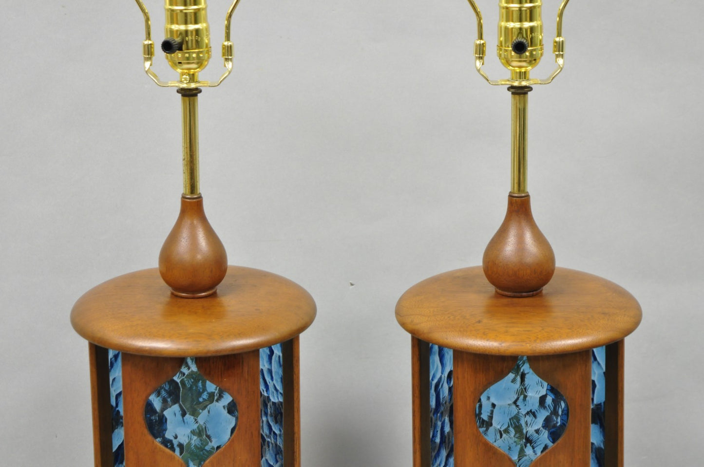 Vintage Modeline Mid Century Modern Walnut & Blue Stained Glass Table Lamps Pair