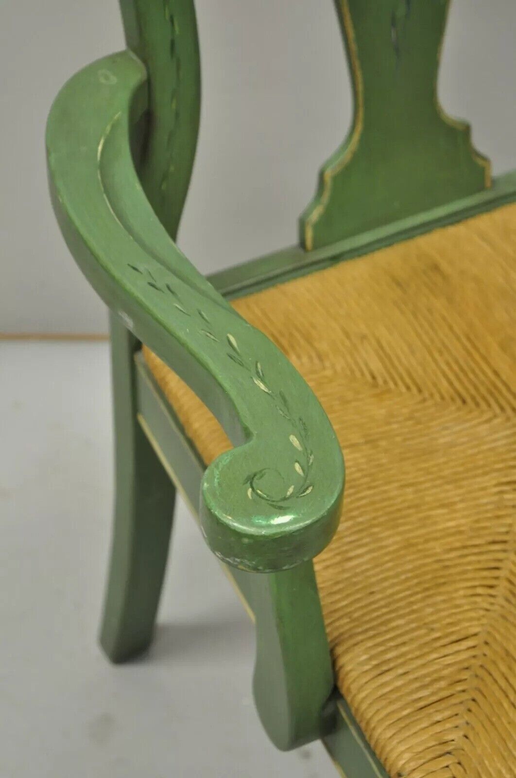 Vintage Queen Anne Style Green and Red Painted Rush Seat Arm Chairs - a Pair