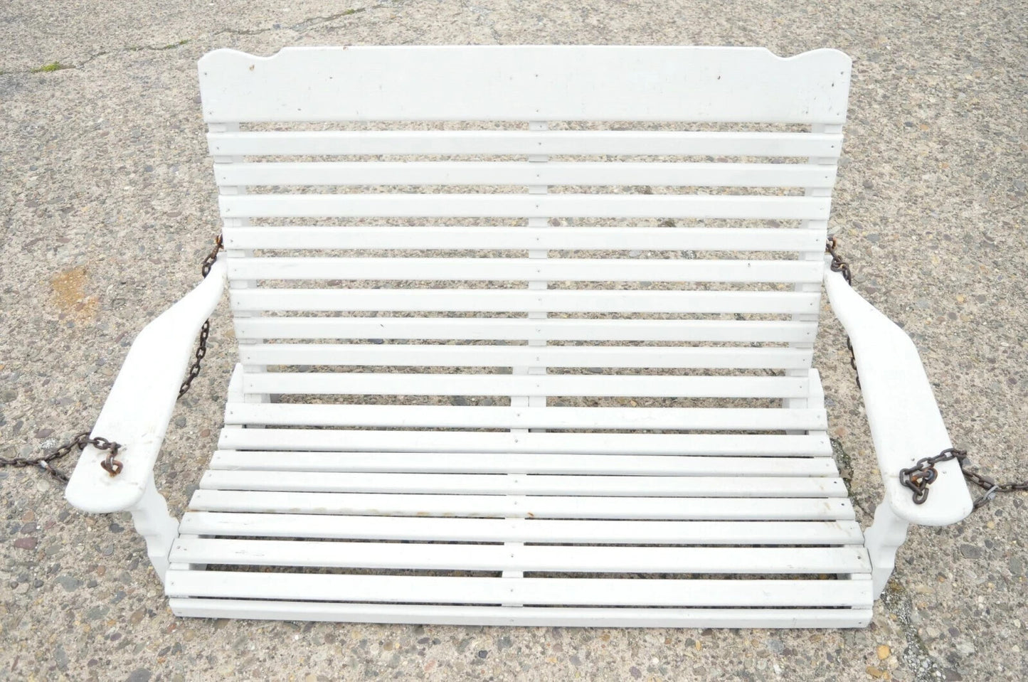 Vintage White Painted Wooden Slat Hanging Garden Patio Bench Love Seat Swing