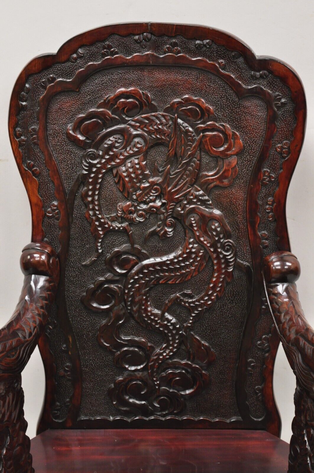 Antique Japanese Export Carved Hardwood Foo Dog Throne Arm Chair