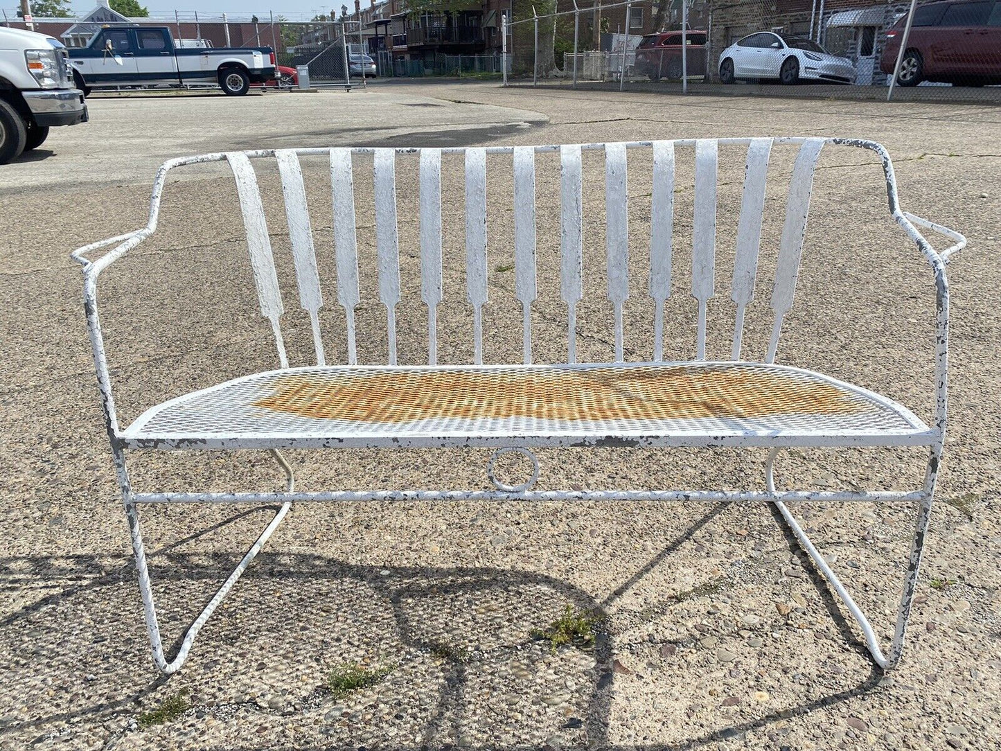 Vtg Mid Century Modern Wrought Iron White Sculptural Garden Patio Loveseat Sofa