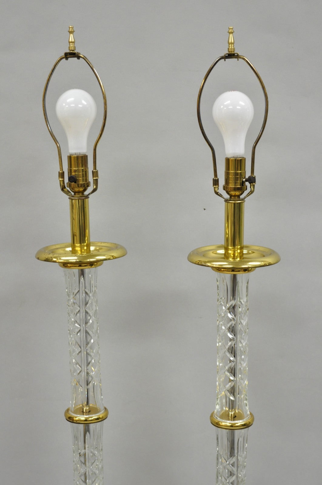 Waterford Kinsale Crystal Glass Column Brass Empire Style Floor Lamp - a Pair