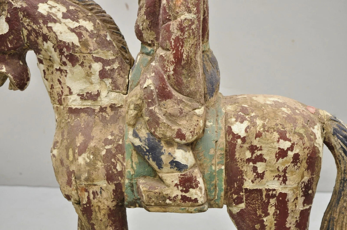 Chinese Polychrome Carved Wood Tang Horse and Rider Statue Sculpture