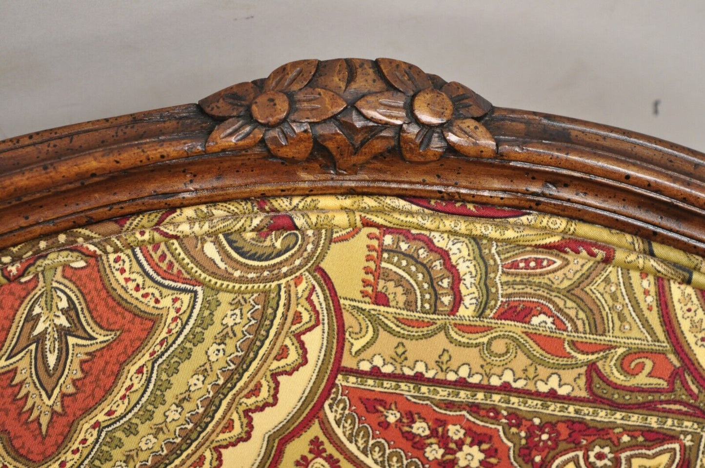 Vintage French Country Carved Walnut Burgundy Bergere Lounge Arm Chairs -a Pair