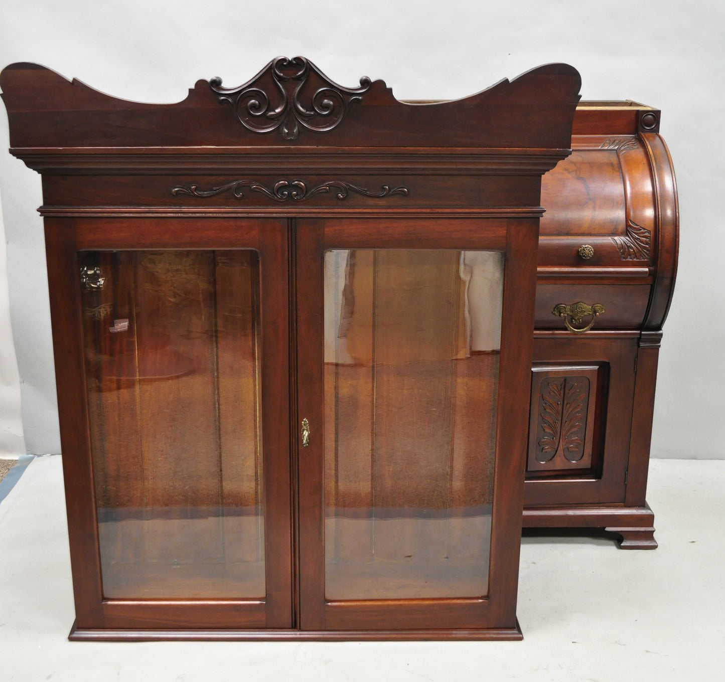 Antique Victorian Mahogany Cylinder Roll Top Bookcase Secretary Desk Cabinet